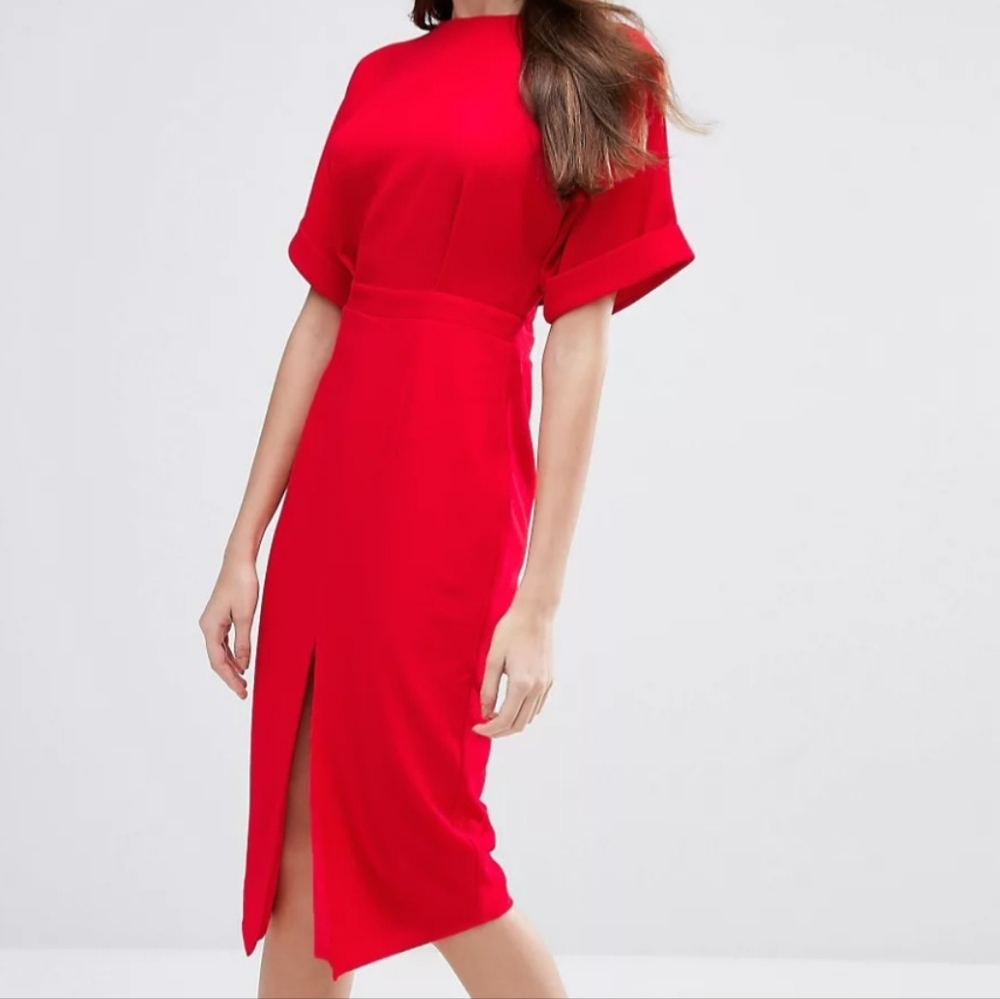 ASOS Red Midi Dress with Front Slit
